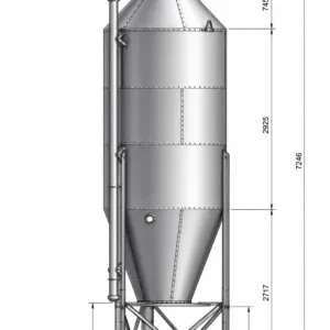 Futtersilo mit konischem Boden, zylindrischem Korpus und Höhenangabe in Millimetern.