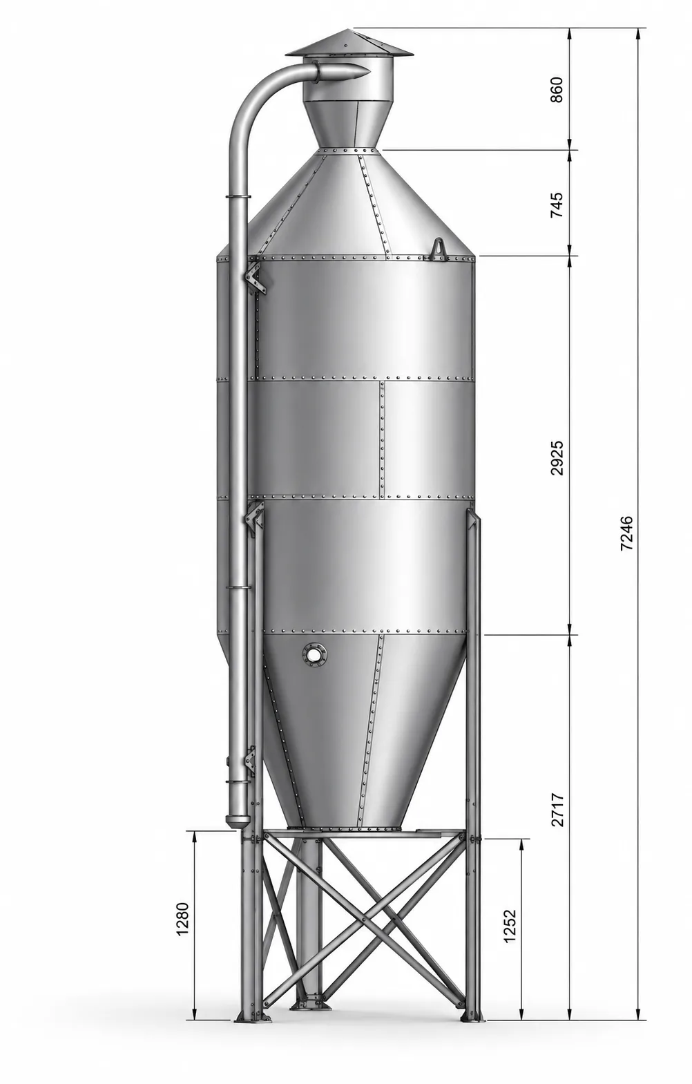 Futtersilo mit konischem Boden, zylindrischem Korpus und Höhenangabe in Millimetern.