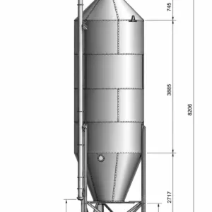Futtersilo mit konischem Boden auf Metallgestell, vertikalen Füllstandsmarkierungen und Futterauslaufrohr.