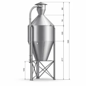 Futtersilo mit konischem Boden, Stützbeinen und Zuführleitung, in verschiedenen Höhen erhältlich.